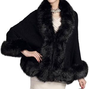 Elegant Black Faux Fur Trimmed Shawl